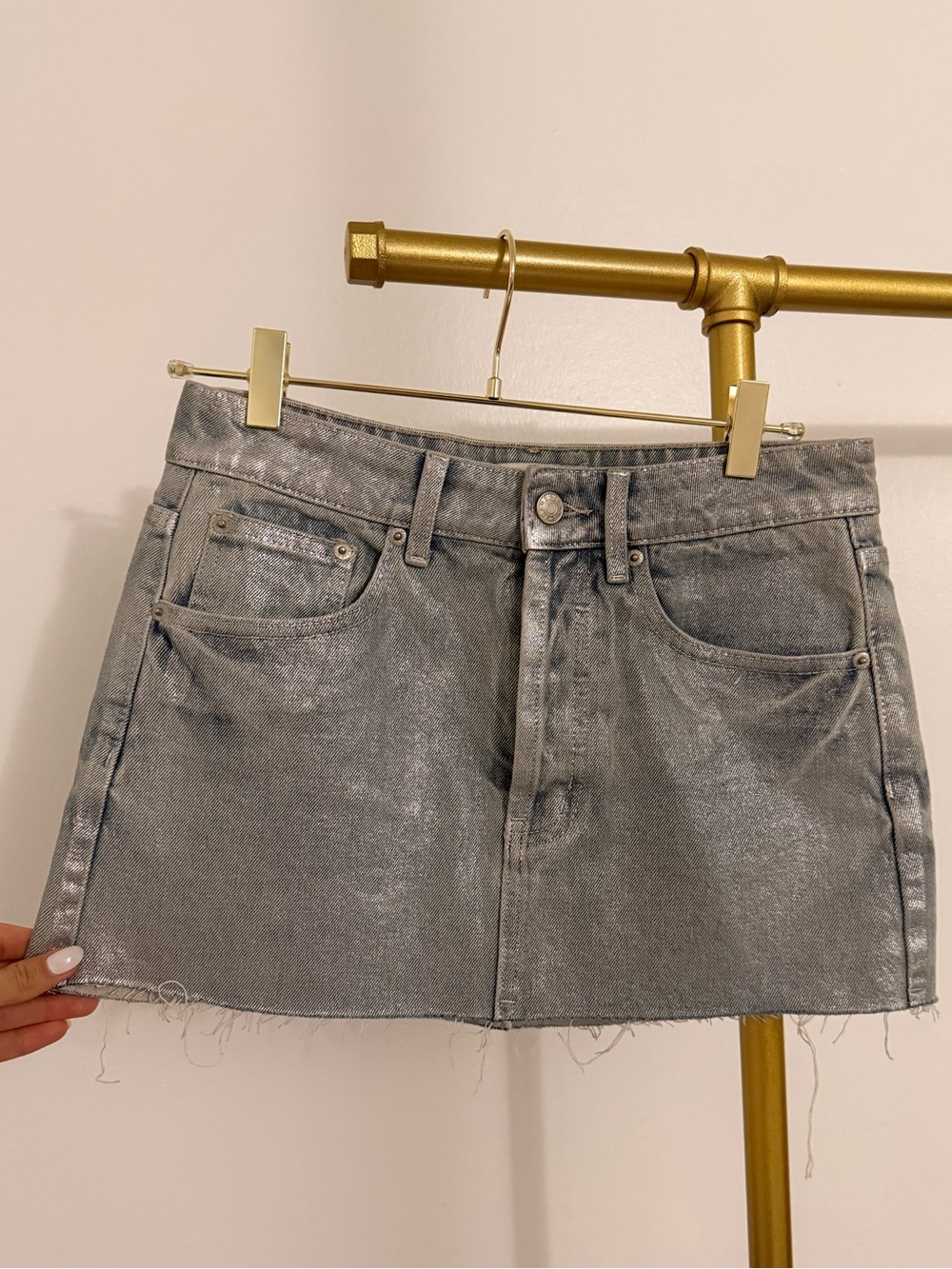 Signature8 Metallic Silver Wash Denim Mini Skirt